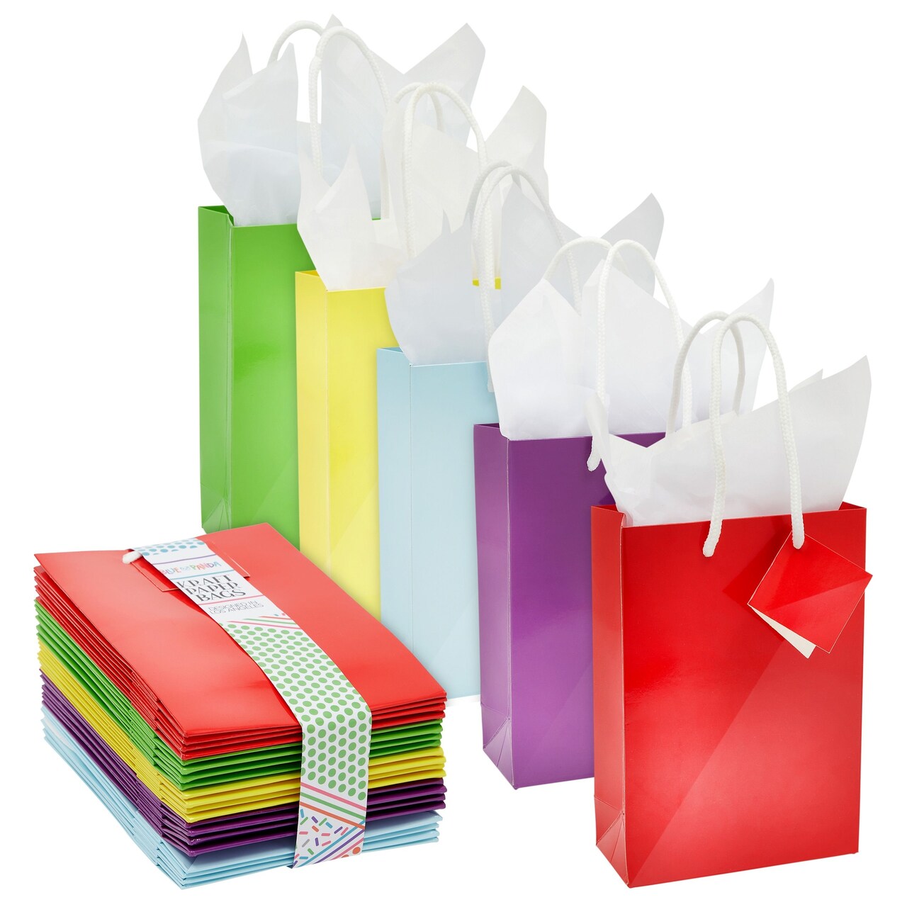 20-Pack Small Paper Gift Bags with Handles, 5.5x2.5x7.9-Inch Goodie Bags with 20 Sheets White Tissue Paper and 20 Hang Tags for Small Business (5 Colors)